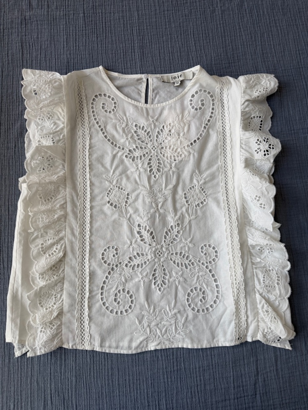 Joie Cream Eyelet 100% Cotton Embroidered Ruffle Sleeve Blouse-NWT